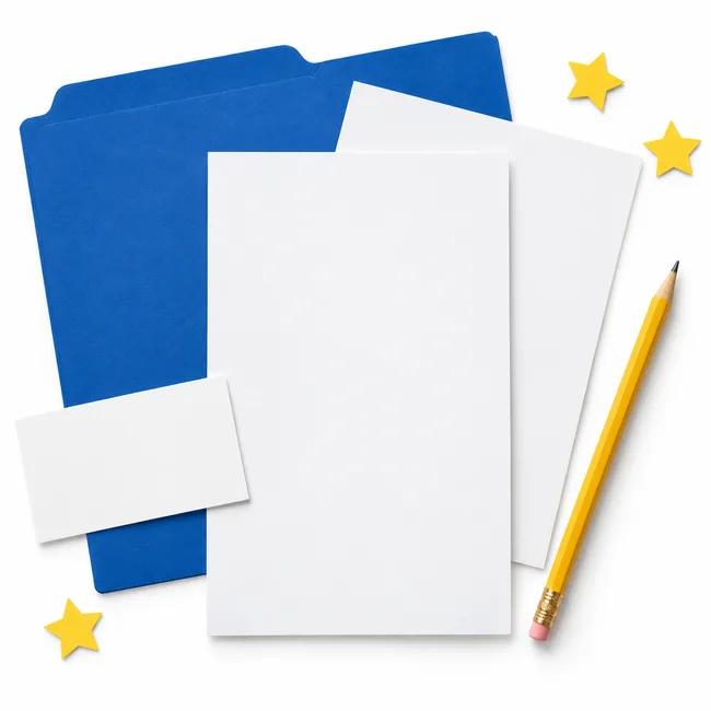 Paper sheets, a blue folder and a yellow pencil